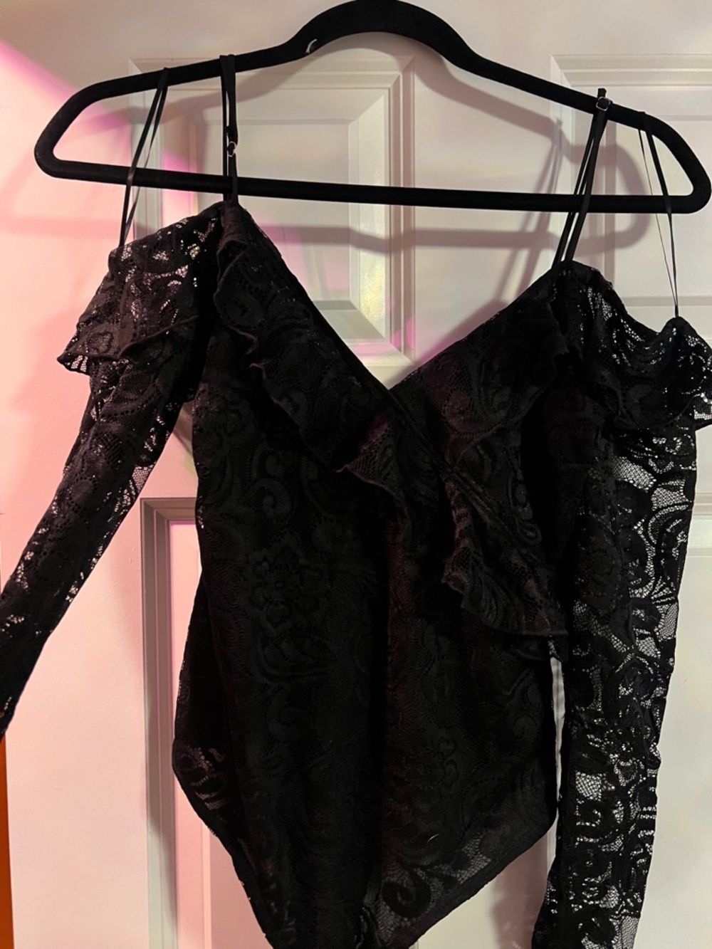 Guess Black Lace Wrap Blouse with Ruffle Detail